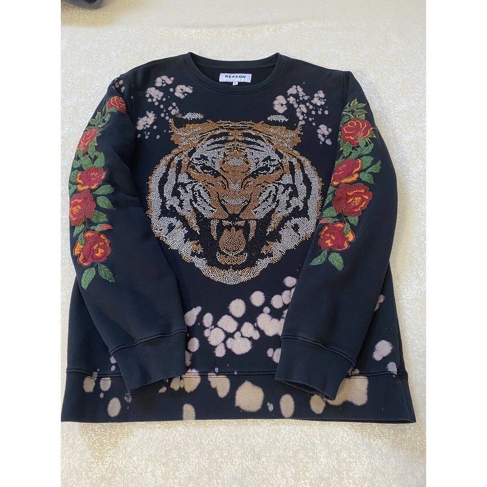 REASON Unisex Sweatshirt Embroidered Embellished Tiger Graphic 3D Stone Size S